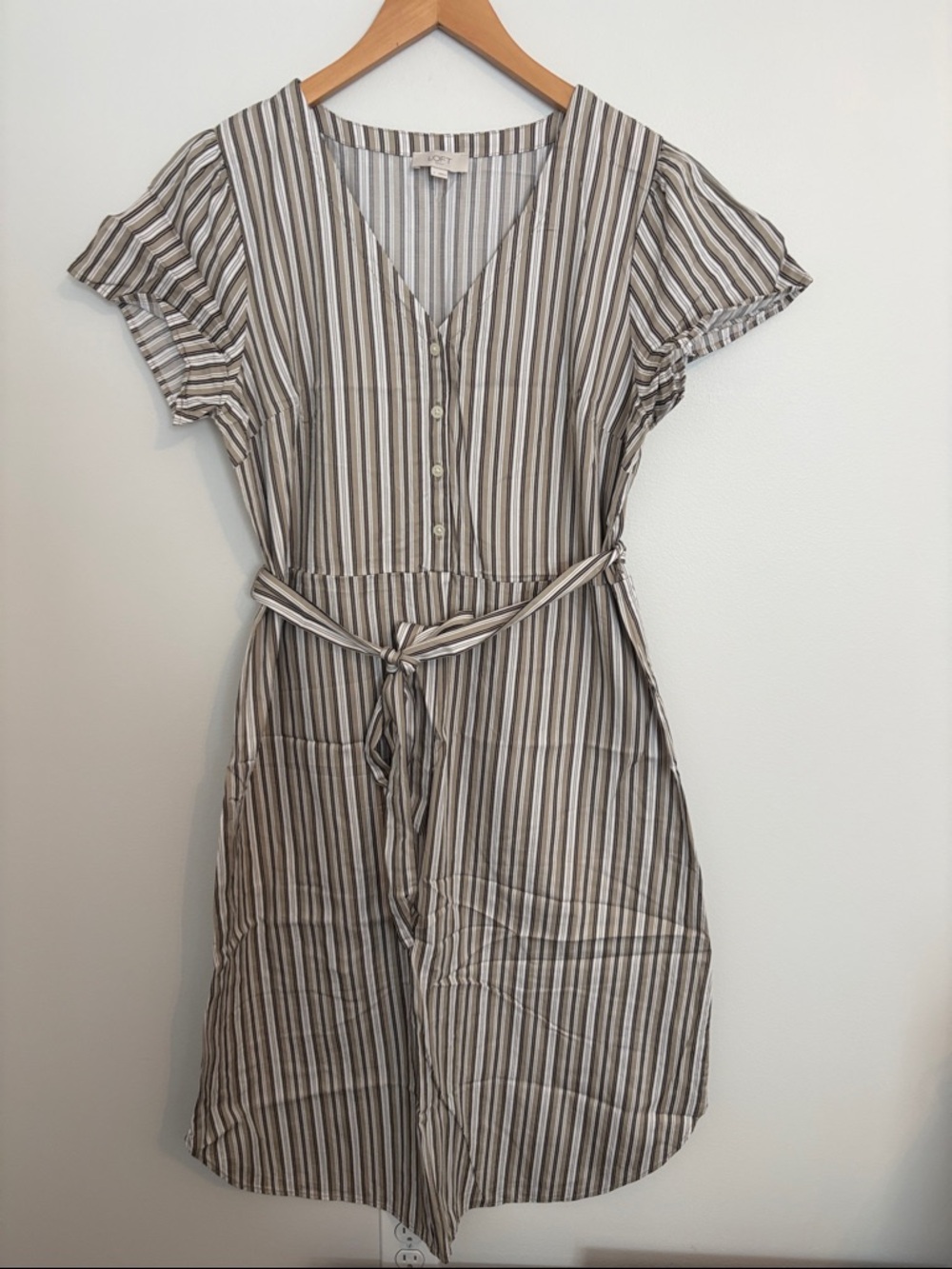 LOFT Outlet Striped V-Neck Tie-Waist Mini Dress in Beige, White, and Black